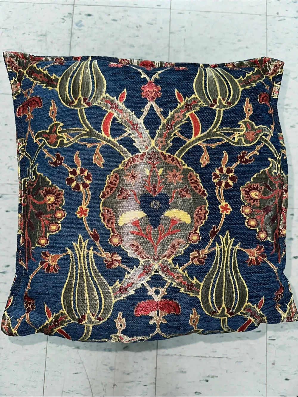 Decorative Navy Floral Tapestry Accent Pillow